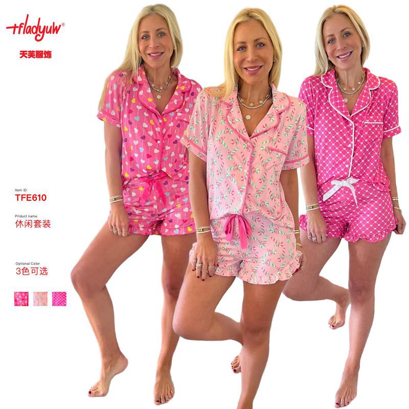 Independent European and American Women's Clothing 2026 Spring and Summer Valentine's Day Heart Short-Sleeved Shorts Pajama Set Home Girl Style