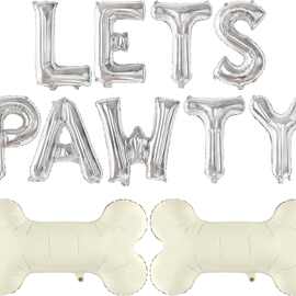 LETS PAWTY银色字母狗狗骨头铝箔气球宝宝生日狗狗派对布置气球