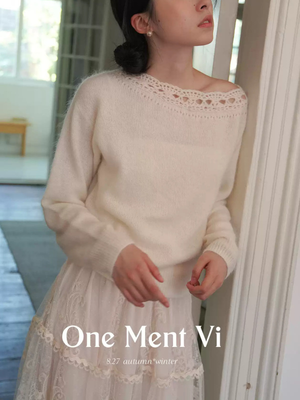 One ment VI六合一 法式朦胧羊驼毛手工钩花斜肩针织罩衫毛衣女|undefined