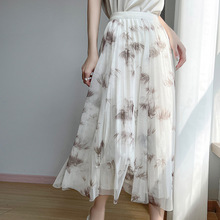 2025夏季女士新款国风新中式水墨a字网纱显瘦半身裙女大摆中长裙