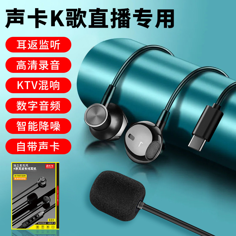 Earbud Headset K-song Ear Return Independent Microphone Live Game Surround Subwoofer Headset Reverberation Noise Reduction