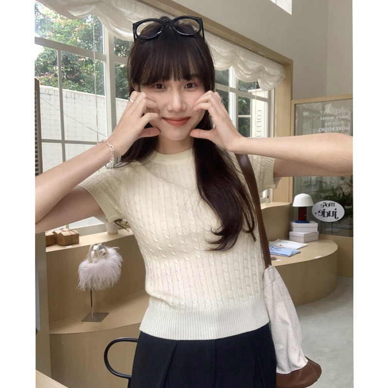 Aimee Duo Korean Style Design Sense Hemp Pattern Round Neck Shoulder Top Comfortable Breathable Solid Color Knitted Short-sleeved T-shirt for Women