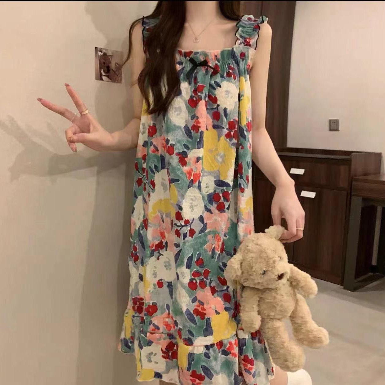 Verano nuevo pijama de algodón mujer burbuja arrugada lindos dibujos animados dulces flores literarias pijama casero al por mayor