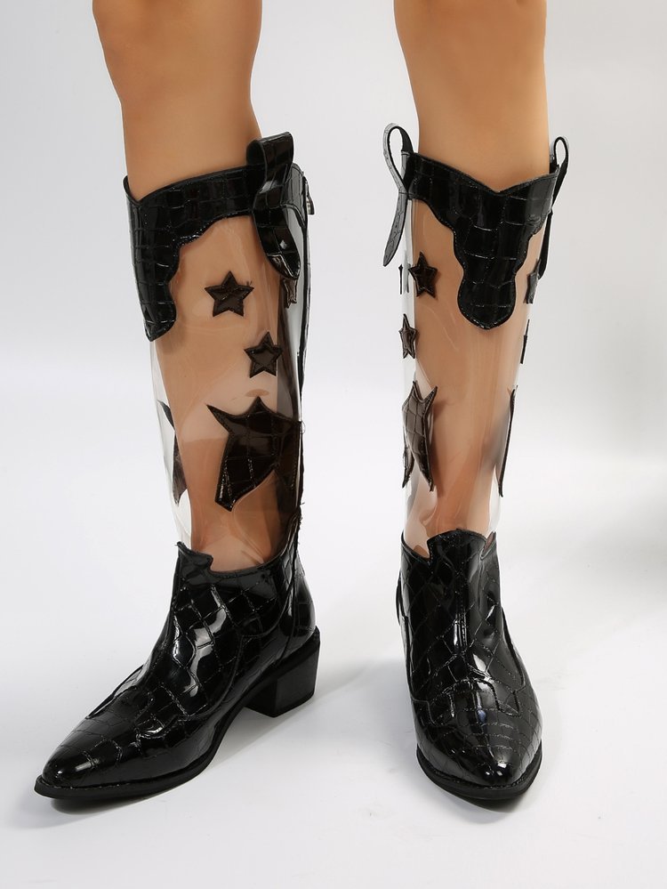 Damenschuhe Herbst und Winter neue hohe Stiefel Damen große Größe transparent fünfzackigen Stern niedrigen quadratischen Absatz Mode Damenstiefel_voghion.com