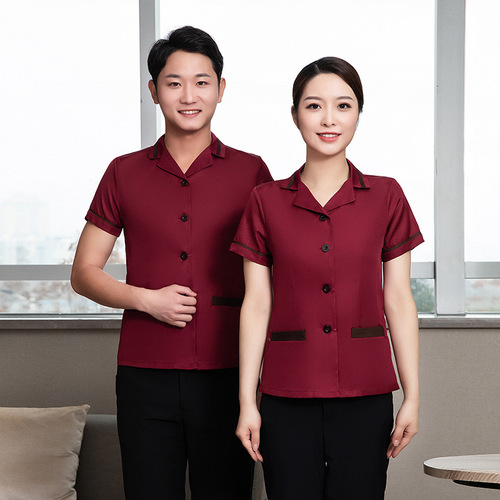 Summer Unisex Collared Short-Sleeve Cleaning Workwear for Hotels and Property, V-Neck Breathable Auntie Cleaning Uniform