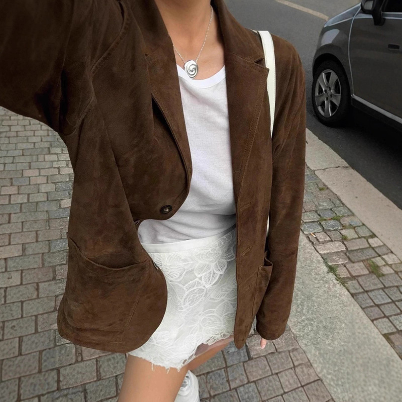 Cross-Border Women's Fashion Autumn and Winter New Style Lapel Suede Buttoned Fashion Retro Suit Jacket