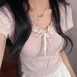 跨境工厂欧美罗纹女装夏季韩版蕾丝短袖T恤短款修身上衣抖音淘宝