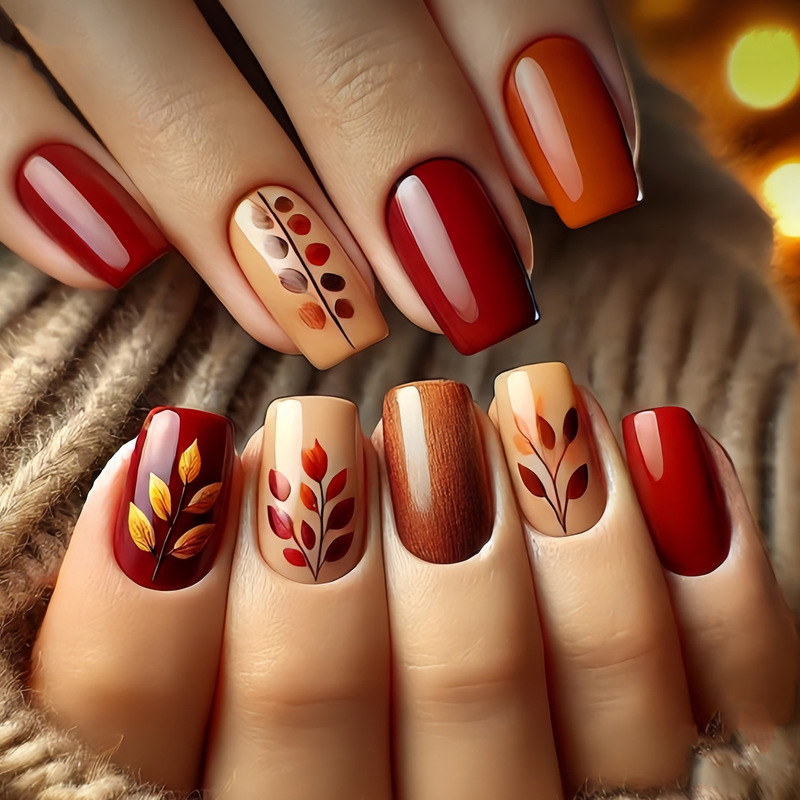 Mid-Length European Square Manicure Patches, Autumn and Winter Brown Leaves Whitening Fake Nail Patches, Removable 24 Pieces