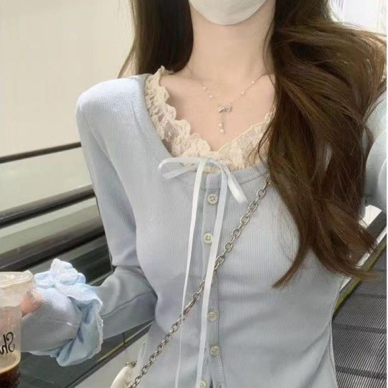 春秋假两蕾丝拼接长袖恤女2025新款纯欲风内搭修身打底衫上衣|undefined