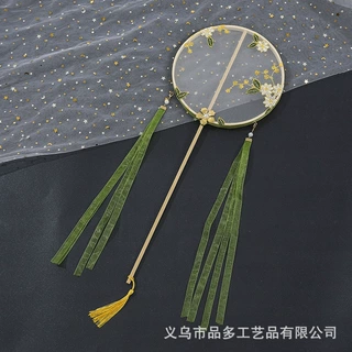 厂家直销汉服团扇古风刺绣宫扇圆扇古扇长柄流苏diy舞蹈扇子批发