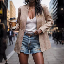 现货女装亚马逊女士外套修身显瘦提花拼接气质优雅呢料外套女