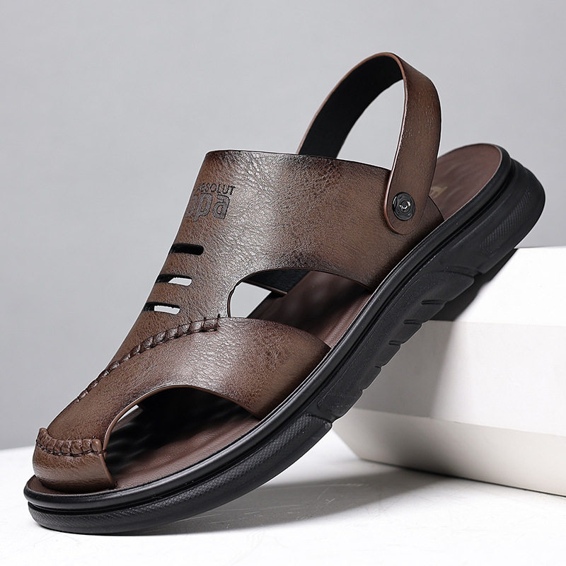 Dép sandal nam da bò thật mũi kín thoáng khí kiểu mới đi biển — Màu nâu 55530