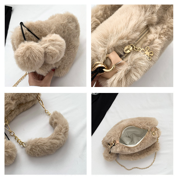 Peach Heart Handbag, Cute Plush Ball Shoulder Bag, Personalized And Niche Women's Solid Color Temperament, Heart Shaped Plush Diagonal Straddle Bag_voghion.com