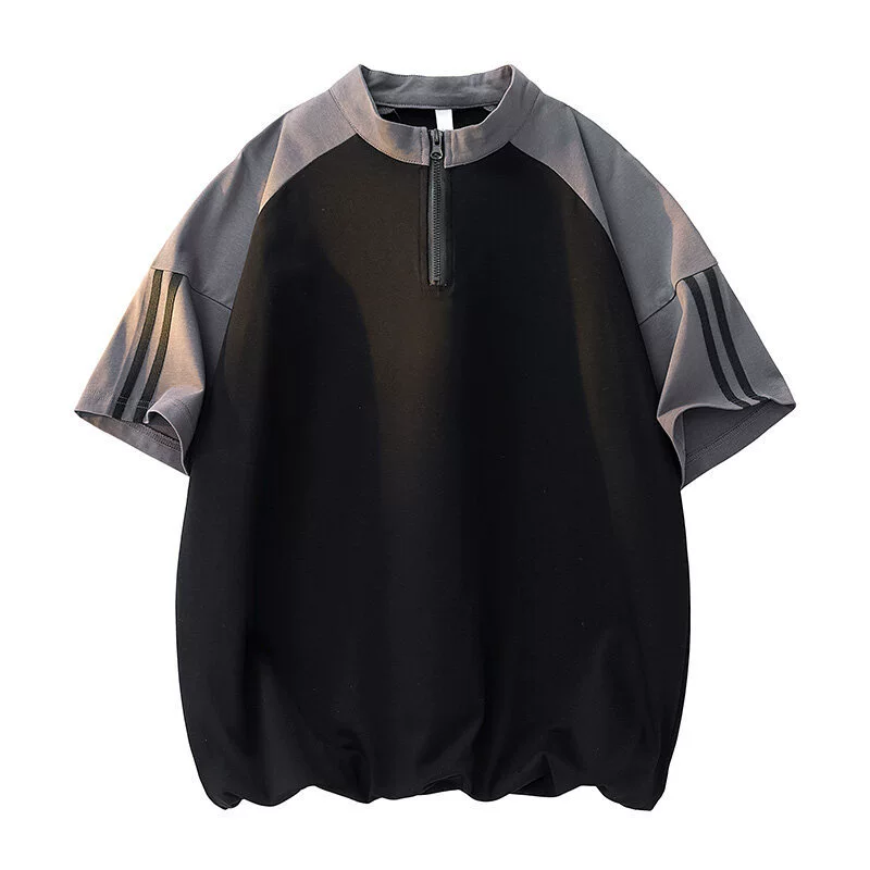 OBCY fashionable youth men's summer new style spliced ​​stand-up collar five-sleeve T-shirt men's versatile fast commuting style