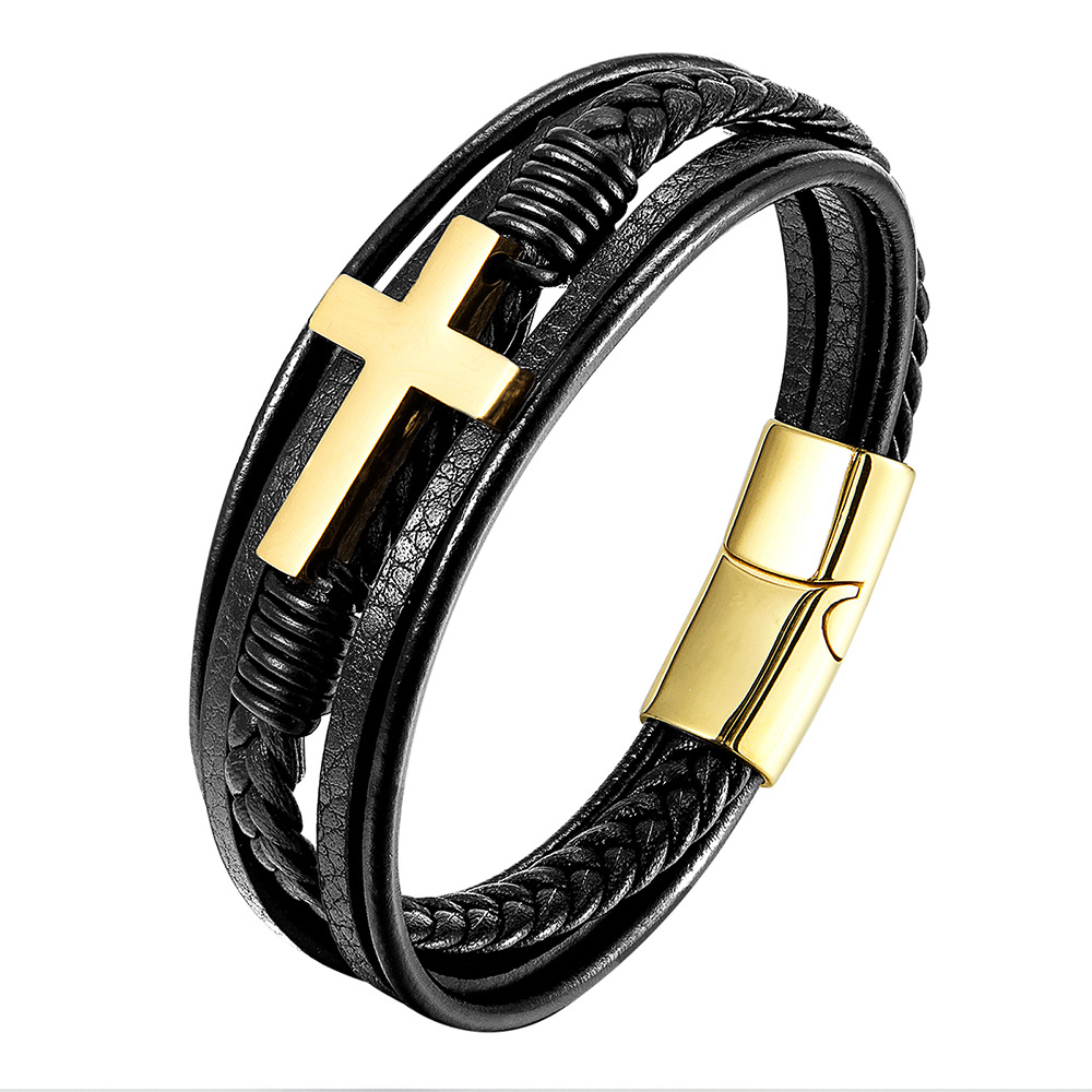 30g Weight Bracelets Classification Leather Chain Material 1 Piece Quantity Daily Occasion Leather, Titanium Steel Material Cross Pattern Men's Gender Layered, Polishing Design Retro, Ethnic Style Style Retro Ethnic Style Cross Leather Titanium Steel Layered Polishing Men's Bracelets Men Cord & Leather Bracelets 1