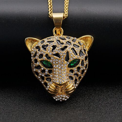 European and American trendy brand HIPHOP accessories, stainless steel extra large, gold-plated full diamond red, green, blue eye leopard head pendant