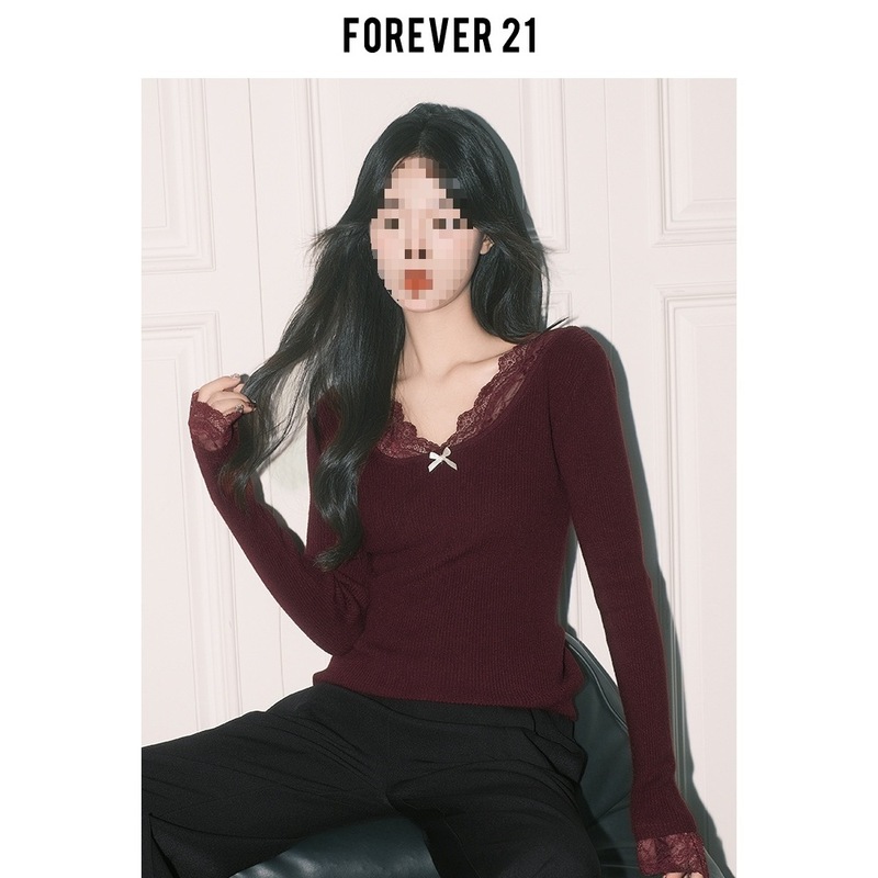Forever21纯欲杏色蕾丝拼接V领上衣女秋冬法式打底长袖修身针织衫|undefined