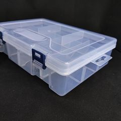 Clear plastic storage box with 8 compartments, suitable for electronic components, toys, jewelry, and fishing gear organization