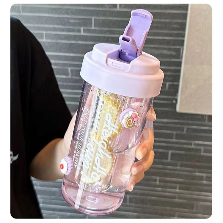 ハンドル付きティーバンクウォーターカップ、見栄えの良い漫画学生ダブルコンパートメントプラスチックウォーターカップ、大容量ドーパミンポータブルストローカップ|undefined