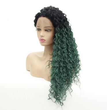 Peruca de encaje frontal europea y americana peruca de dama verde gradiente medio rizado LW0225