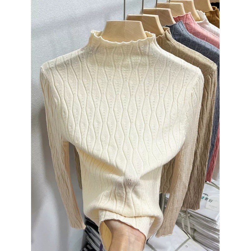 欧货半高领针织衫女秋冬2022新款洋气缕空修身内搭毛衣打底衫