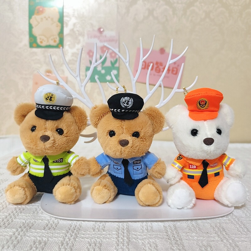 ネット赤かわいい萌え交通警官熊ストラップぬいぐるみ人形消防警察熊カバン掛けキーホルダー|undefined