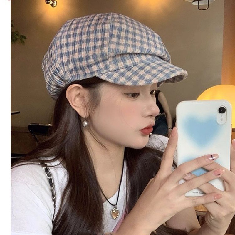 Large face showing duckbill tongue beret cloud painter Korean version ins versatile artistic plaid newsboy hat_viptrois.com