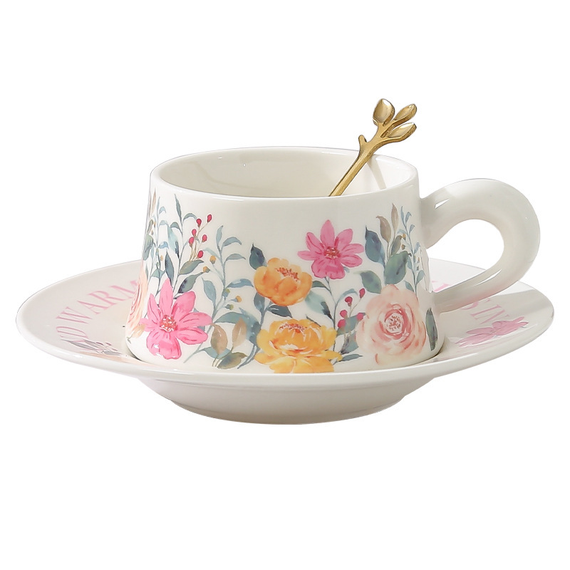 Retro estilo alto valor de la cara hacia el sol flores taza de café set de plato de cerámica para chicas regalo de cumpleaños