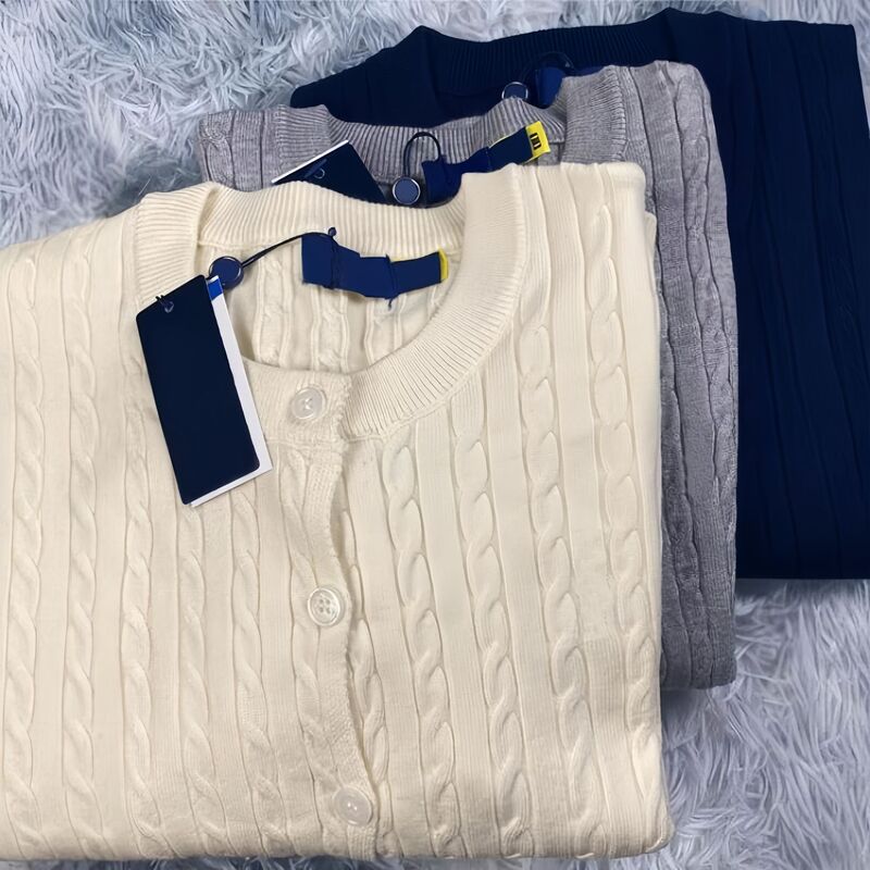 Cross-Border Foreign Trade American-Style Cable Knit Ralph Lauren Round-Neck Slim-Fit Knitted Cardigan Versatile Couple Sweatshirt with Small Horse Logo Embroidery