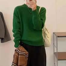 2025韩版新款宽松简约针织衫上衣复古纯色加厚圆领套头毛衣女秋冬
