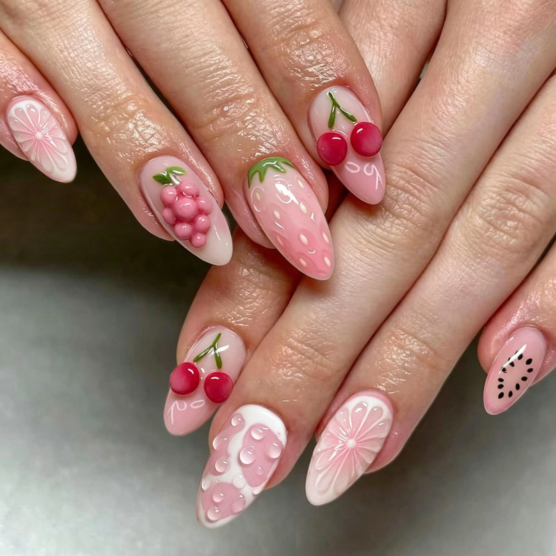 30 Pieces of Summer Hot-Selling Sweet and Cool Fruit 3D Stereo Grape Cherry Almond Press-On Nails Pink Strawberry Ins Nail Art 30 Pieces of Summer Hot-Selling Sweet and Cool Fruit 3D Stereo Grape Cherry Almond Press-On Nails Pink Strawberry Ins Nail Art