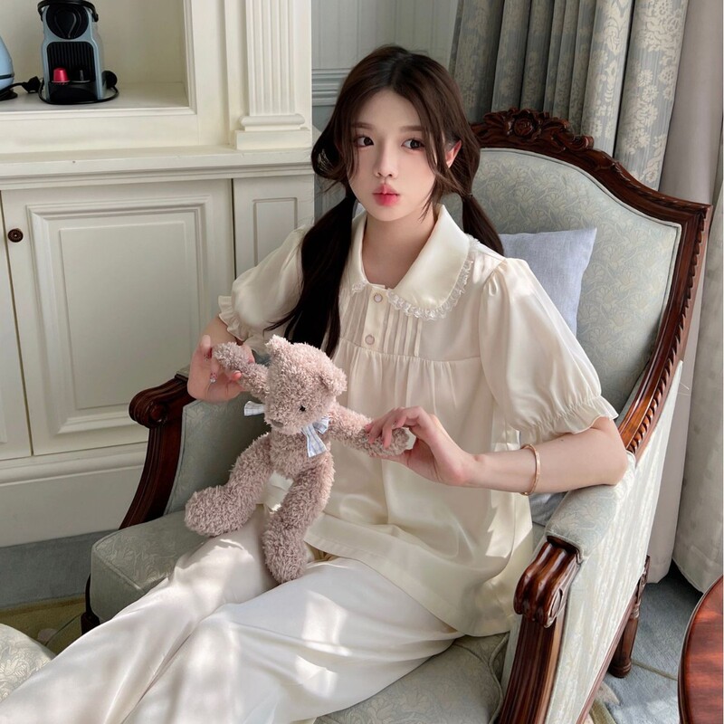 Ice Silk Pajamas Women's Spring and Summer Short-sleeved French Style Home Wear Small Lapel Simple Two-piece Set Comfortable Pajamas for Outer Wear