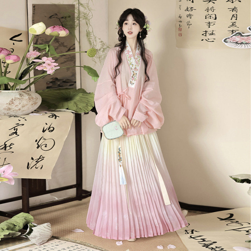 Floral Banquet Ming-Style Hanfu for Women, Adult Embroidered Two-Piece Pleated Skirt, Summer Casual Style for Daily Wear and Commuting