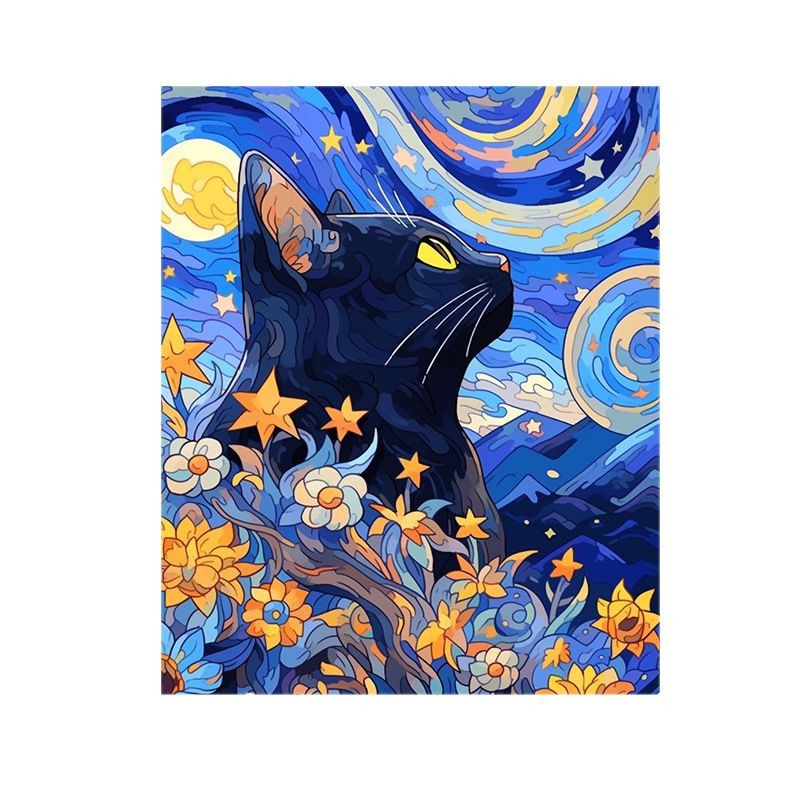 Pintura por números “Gato Estrellado” — arte DIY de fábrica al por mayor, estilo Van Gogh, flores y paisajes hechos a mano