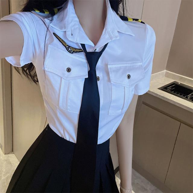 Stewardess Jk Uniform Suit Female Summer Nightclub Bar Work Clothes Professional Wear Short-Sleeved Tie Shirt Pleated Skirt