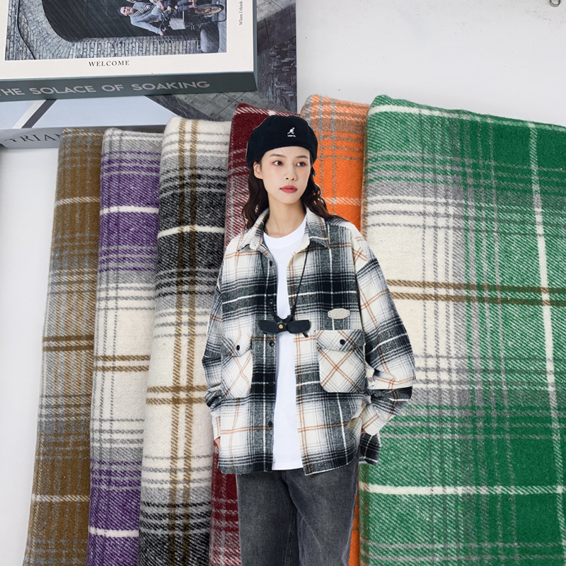 现货批发 秋冬磨毛法拉绒衬衫夹克外套格子面料 粗纺毛呢格子