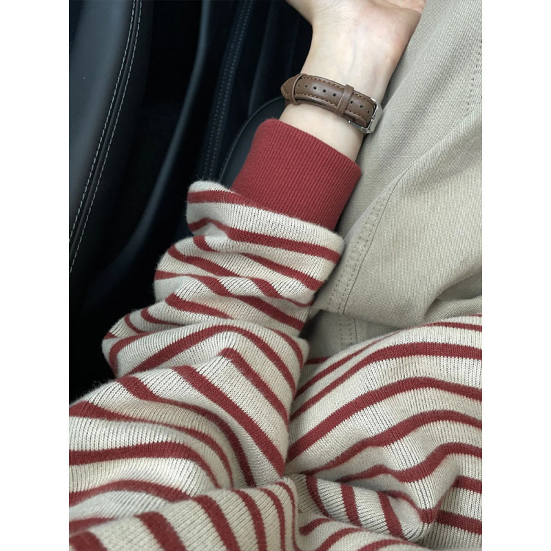 工厂批发早春季韩系慵懒拼接撞色条纹套头卫衣女小众复古红色上衣|undefined