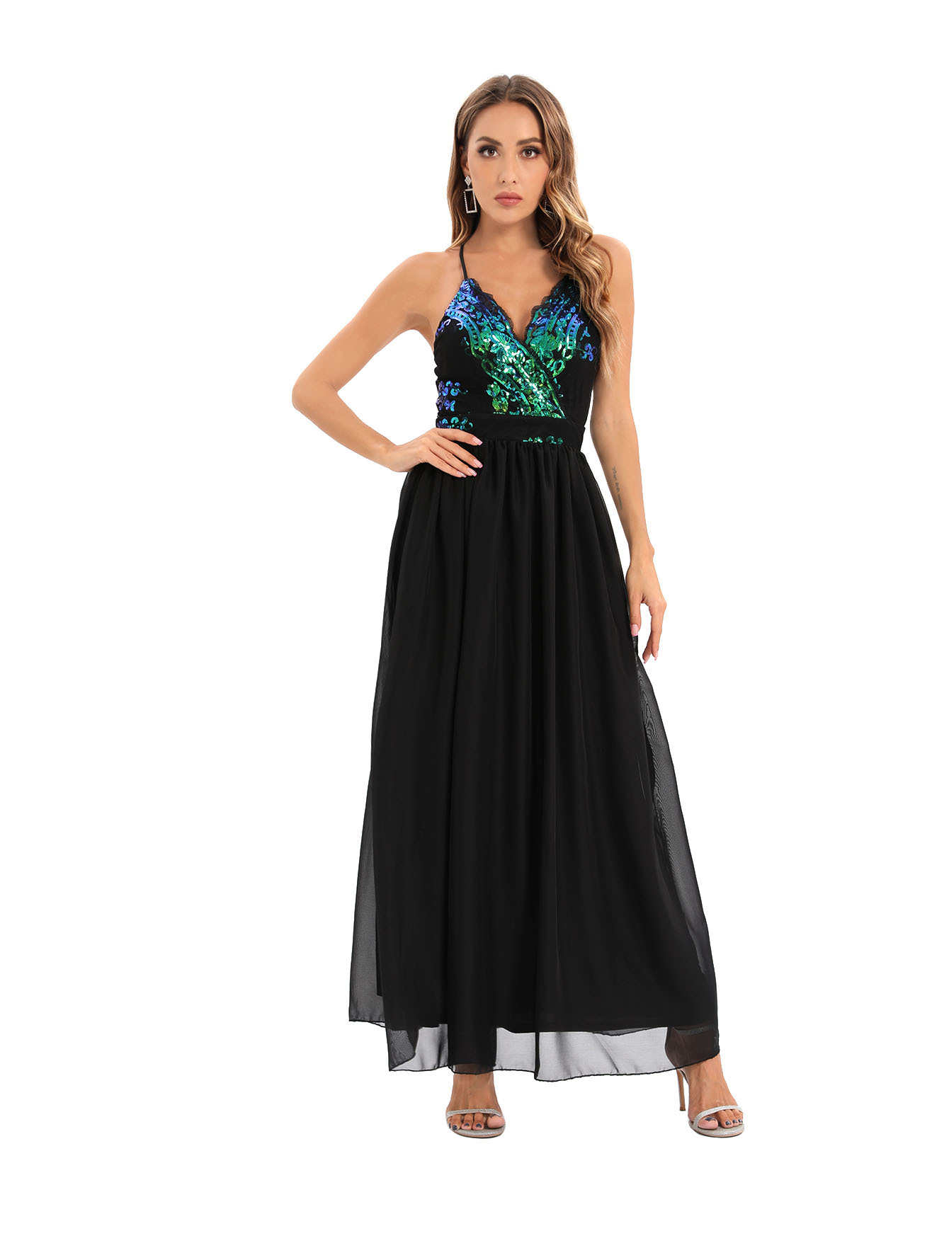 Sequined Backless Spaghetti Strap Maxi Dress