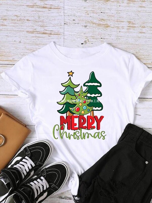 Watercolor Style 90S Women's New Year Shirt Print Women's T-Shirt Christmas Holiday Fashion Clothing European and American Style Watercolor Style 90S Women's New Year Shirt Print Women's T-Shirt Christmas Holiday Fashion Clothing European and American Style