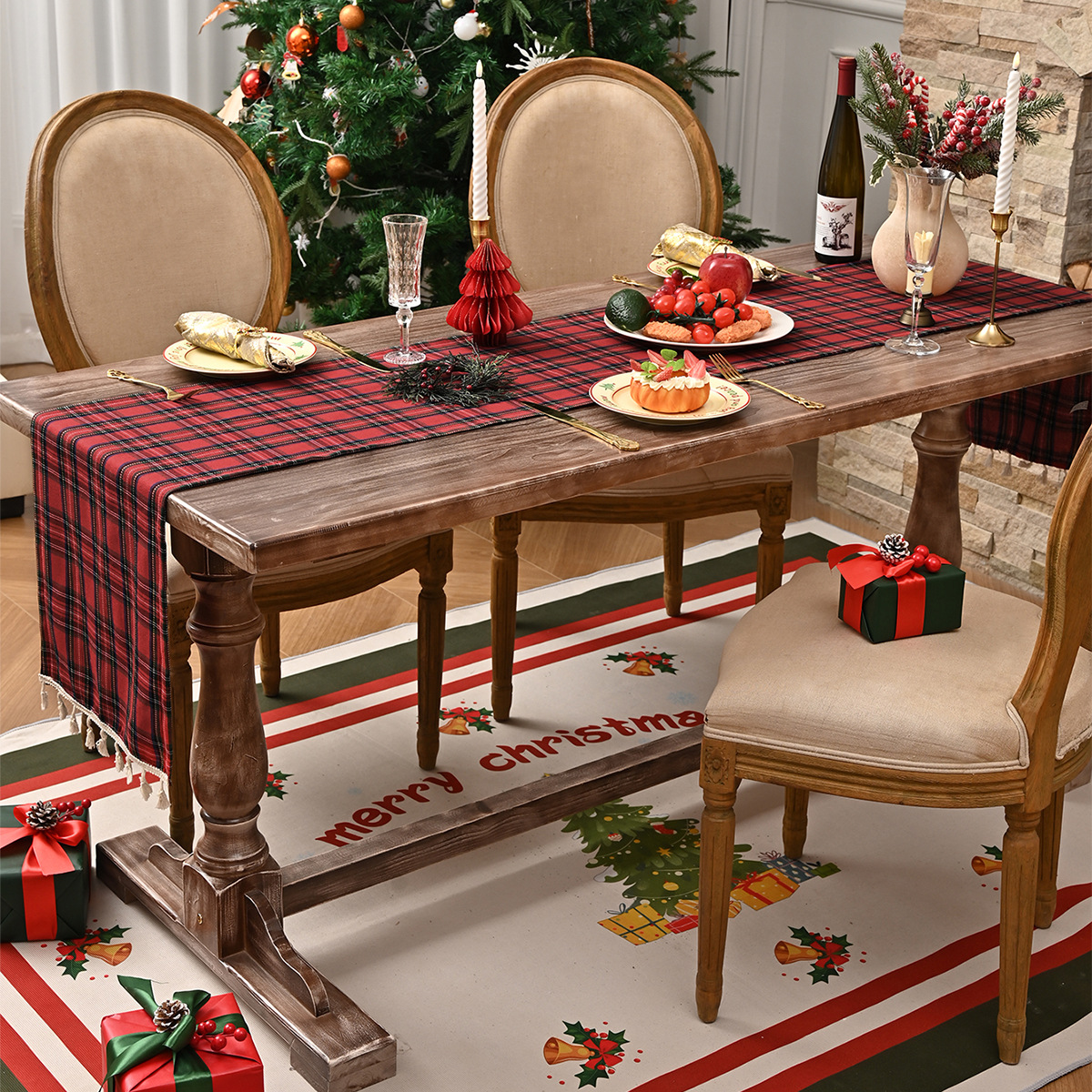 Amazon Navidad transfronteriza bandera de mesa a cuadros rojos bordados tela de mesa escocesa escoba de cuadros fabricantes de banderas de mesa de encaje