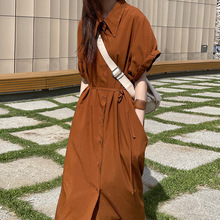 韓國chic夏季小眾翻領單排扣系帶收腰襯衫式長款短袖連衣裙女裝