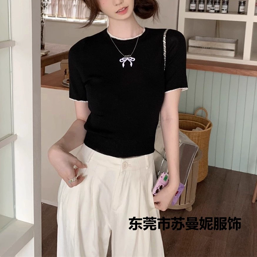 Летний вязаный короткий свитер с бантом, с вышивкой, slim fit