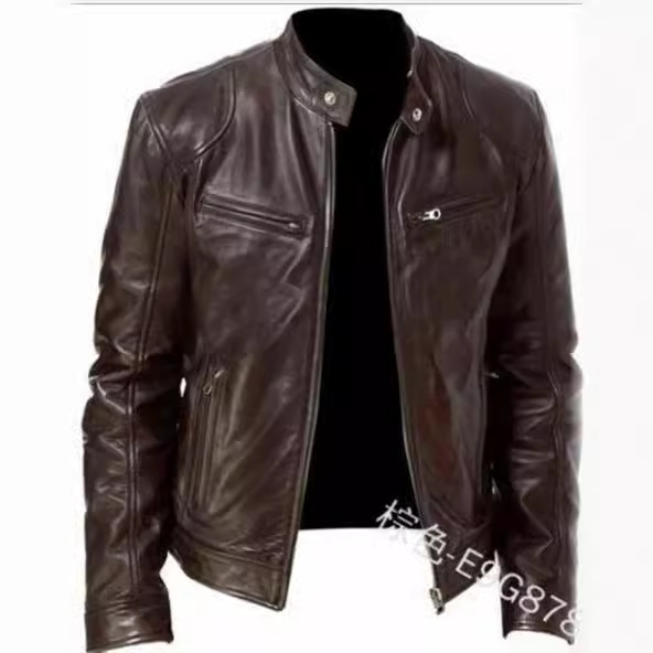 Winter Business Gentleman Warm Zipper Cardigan Pocket Decorated PU Leather Jacket with Vertical Collar Slim-Fit Zipper Leather Jacket
