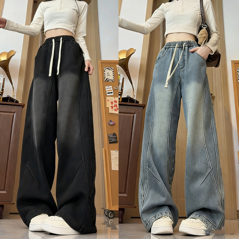 2026 Spring New American High Street Fashion Brand Jeans Men's Long Pants Loose Straight Pants Unisex Style