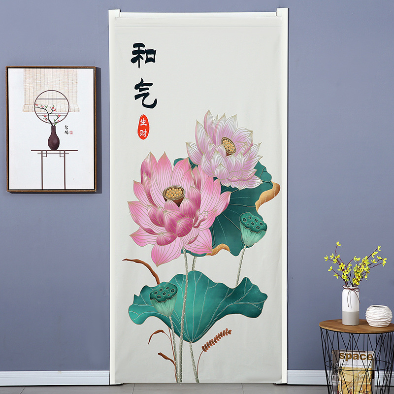 Chinese-style Lotus Door Curtain Cloth Curtain Bedroom Toilet Perforated Hanging Curtain Kitchen Household Bathroom Shelter Partition Half Curtain