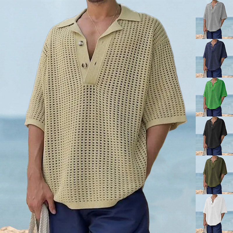 European and American Style Lapel Hollow-Out Knit Sweater, Fashionable Loose Plus-Size Knit Cardigan, 2026 Summer New Cross-Border Men's Fashion European and American Style Lapel Hollow-Out Knit Sweater, Fashionable Loose Plus-Size Knit Cardigan, 2026 Summer New Cross-Border Men's Fashion