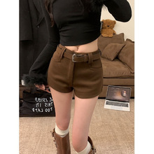 美式辣妹咖色毛呢短裤子女秋冬季新款低腰直筒阔腿裤小个子休闲裤