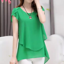 2024夏装新款韩版女修身中长款短袖雪纺衫上衣大码宽松打底衫