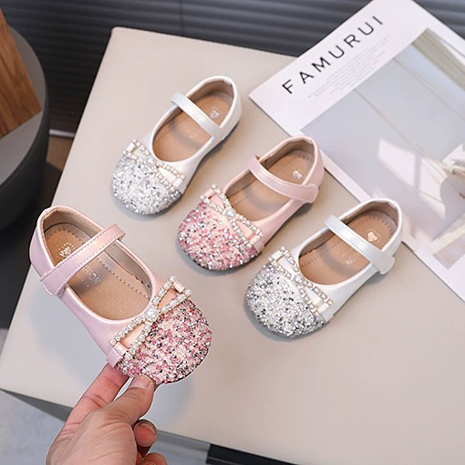 Девушка с бантом Принцесс обувь 2024 весна и лето новый маленький мальчик корейская версия детская стразы мягкая подошва модная маленькая кожаная обувь