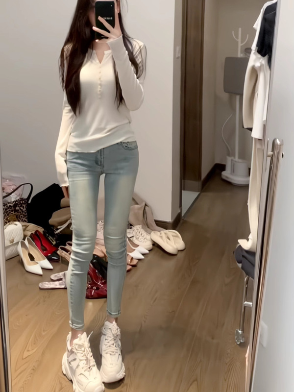 韩版复古水洗浅蓝色高腰小脚牛仔裤女百搭弹力修身显瘦铅笔九分裤|undefined